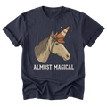 A navy blue short-sleeve t-shirt with a graphic of a beige horse wearing an orange and white traffic cone hat, with the text 'ALMOST MAGICAL' printed below in white.