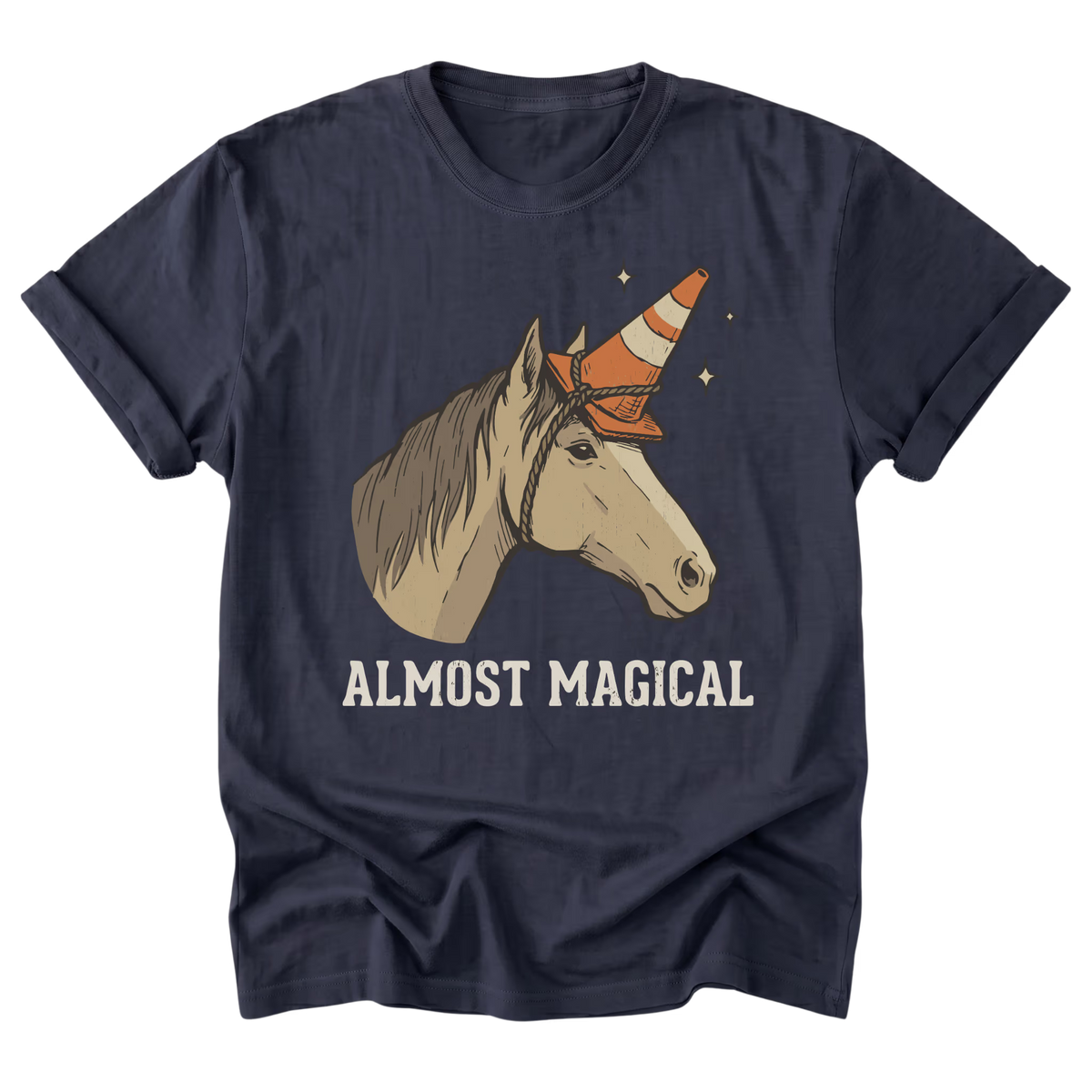 A navy blue short-sleeve t-shirt with a graphic of a beige horse wearing an orange and white traffic cone hat, with the text 'ALMOST MAGICAL' printed below in white.