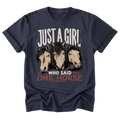 A navy blue short-sleeve t-shirt with a graphic print featuring three horse heads and the text 'JUST A GIRL WHO SAID ONE HORSE' in white and reddish-brown lettering.