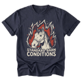 A navy blue short-sleeve t-shirt with a graphic of a white horse head surrounded by red and orange flames, with the text 'STANDARD BARN CONDITIONS' printed below in white.