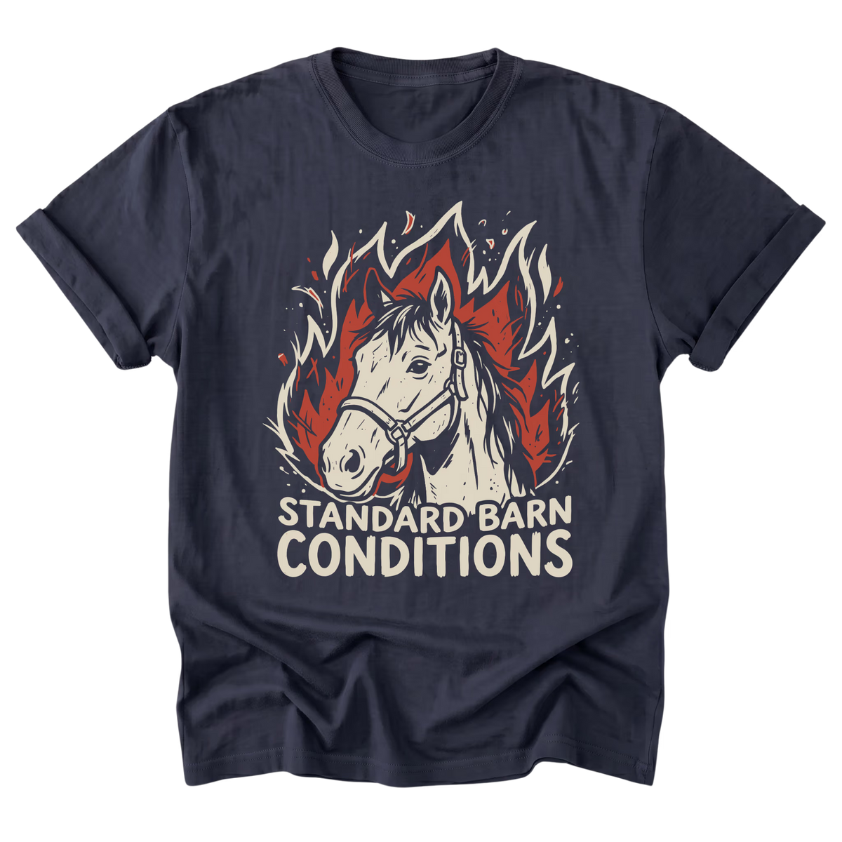 A navy blue short-sleeve t-shirt with a graphic of a white horse head surrounded by red and orange flames, with the text 'STANDARD BARN CONDITIONS' printed below in white.