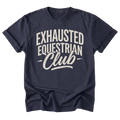 A navy blue short-sleeve t-shirt with a distressed cream-colored graphic that reads 'EXHAUSTED EQUESTRIAN Club' on the front, displayed against a solid white background.