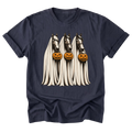 A navy blue short-sleeve t-shirt with a graphic print of three white ghostly horse heads holding carved orange pumpkins, displayed on a solid white background.