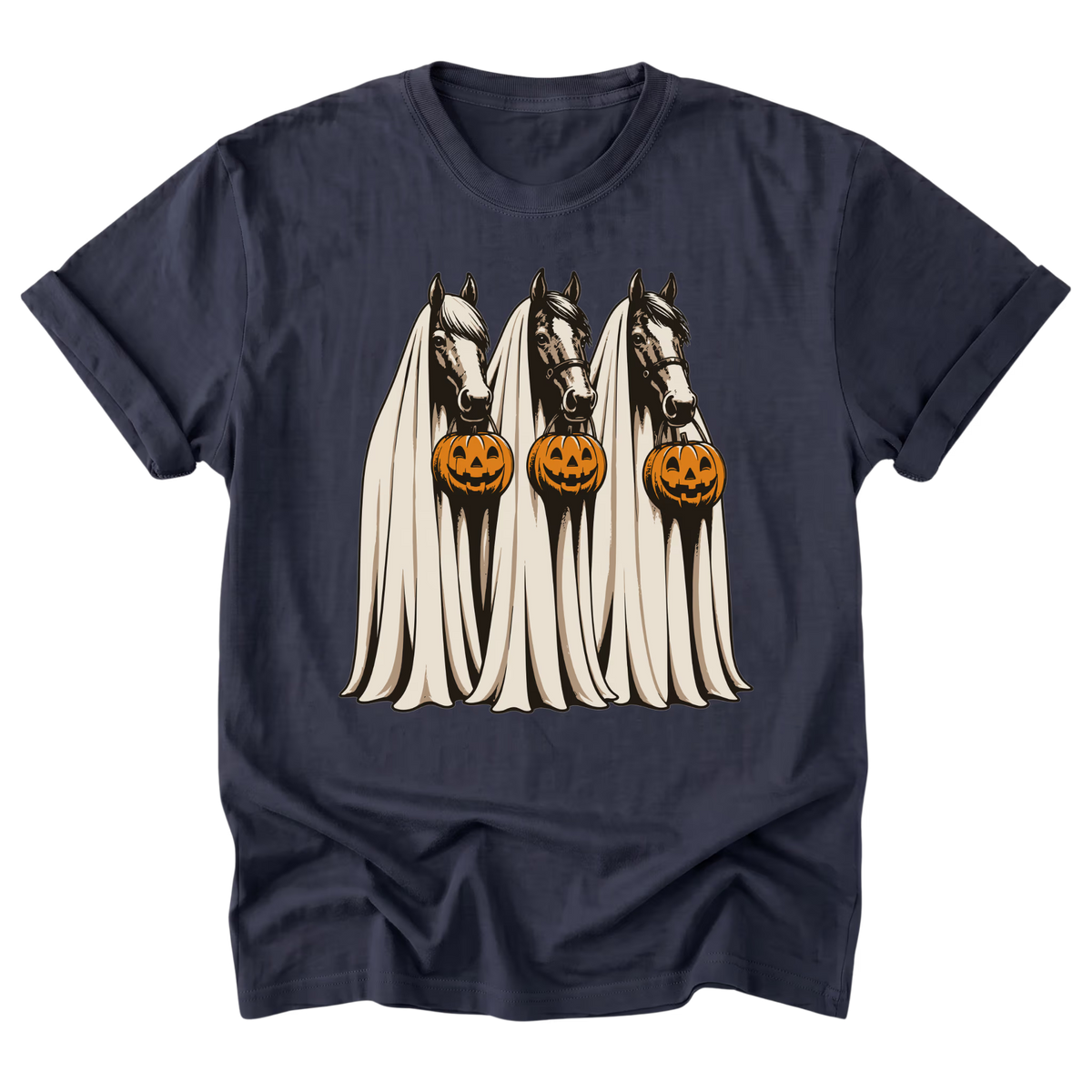 A navy blue short-sleeve t-shirt with a graphic print of three white ghostly horse heads holding carved orange pumpkins, displayed on a solid white background.
