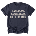 A navy blue short-sleeve t-shirt with rolled cuffs, featuring the text 'MAKE PLANS. CANCEL PLANS.