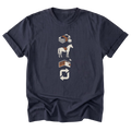 A navy blue graphic t-shirt featuring four icons, a stack of money, a horse, an empty wallet, and a repeat icon, printed on the front.