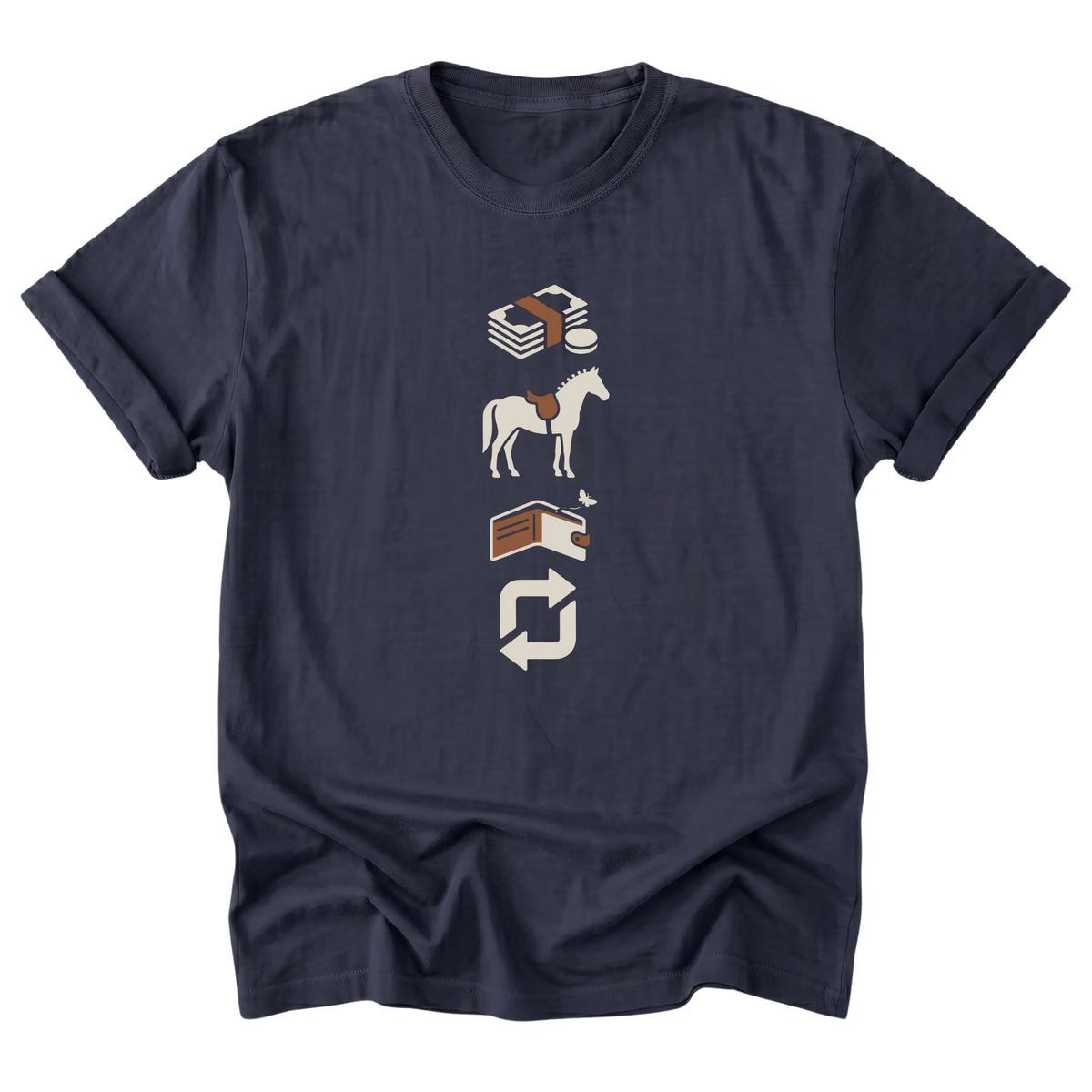 A navy blue graphic t-shirt featuring four icons, a stack of money, a horse, an empty wallet, and a repeat icon, printed on the front.