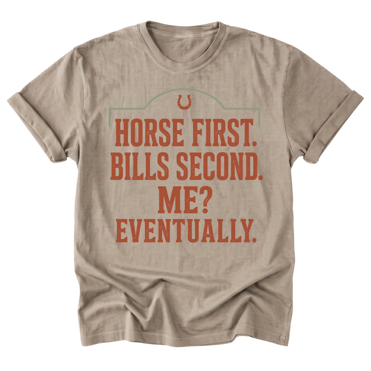 A sand beige crewneck t-shirt with a distressed graphic that reads 'HORSE FIRST. BILLS SECOND.