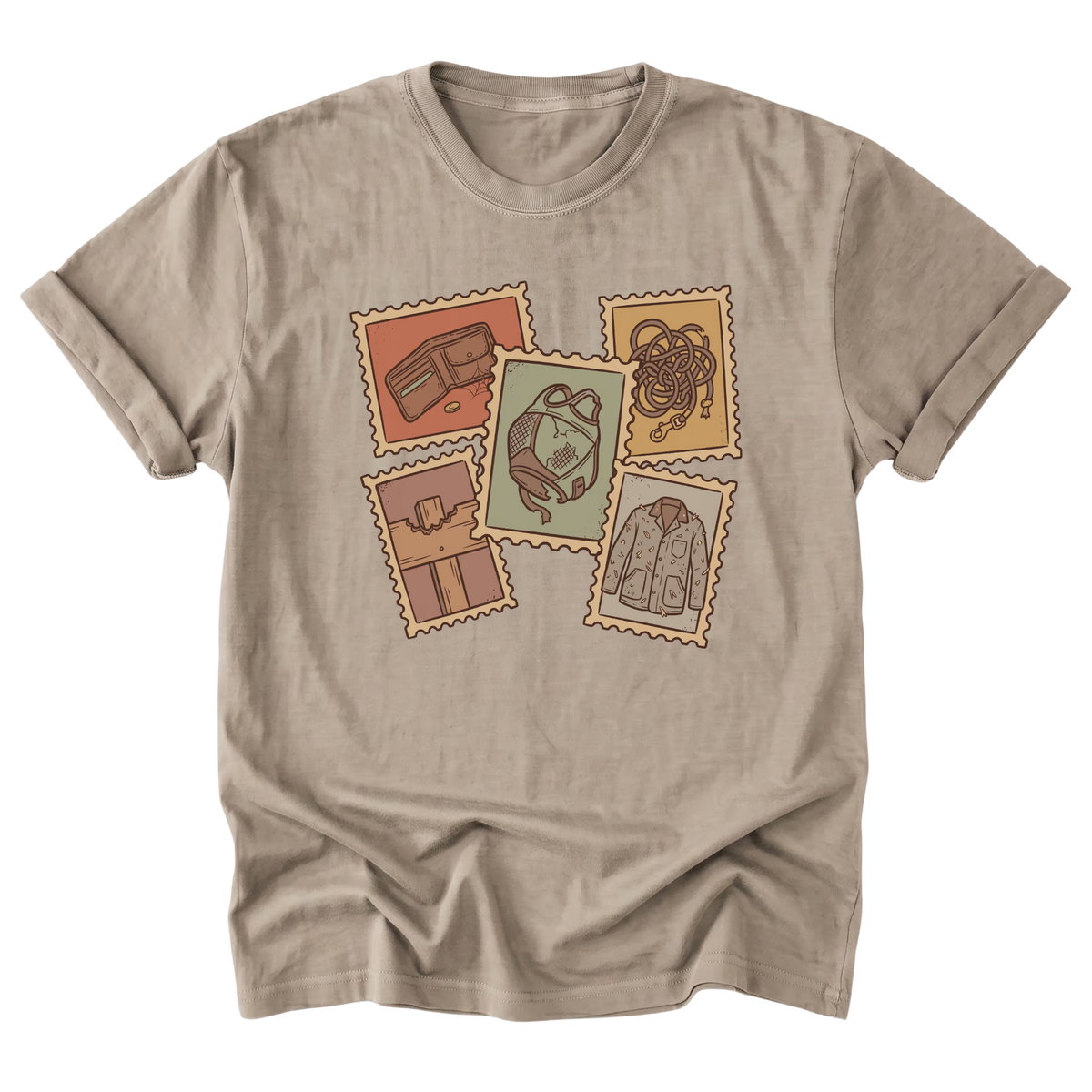A sand beige short-sleeve t-shirt with a vintage-style graphic on the front. The graphic features five postage-stamp illustrations showing an empty wallet, tangled lead rope, worn horse fly mask, broken wooden fence, and hay-covered barn jacket in muted earthy colors.