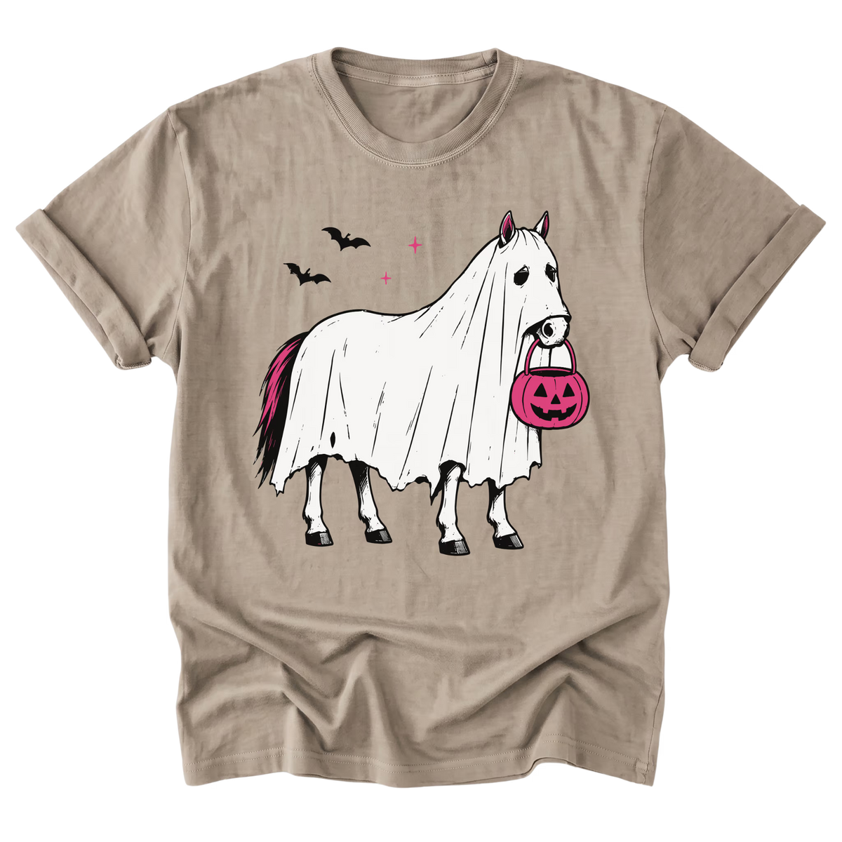 A sand beige crewneck t-shirt featuring a graphic of a white ghosted horse holding a pink jack-o'-lantern bucket, with black bats and pink stars in the background.